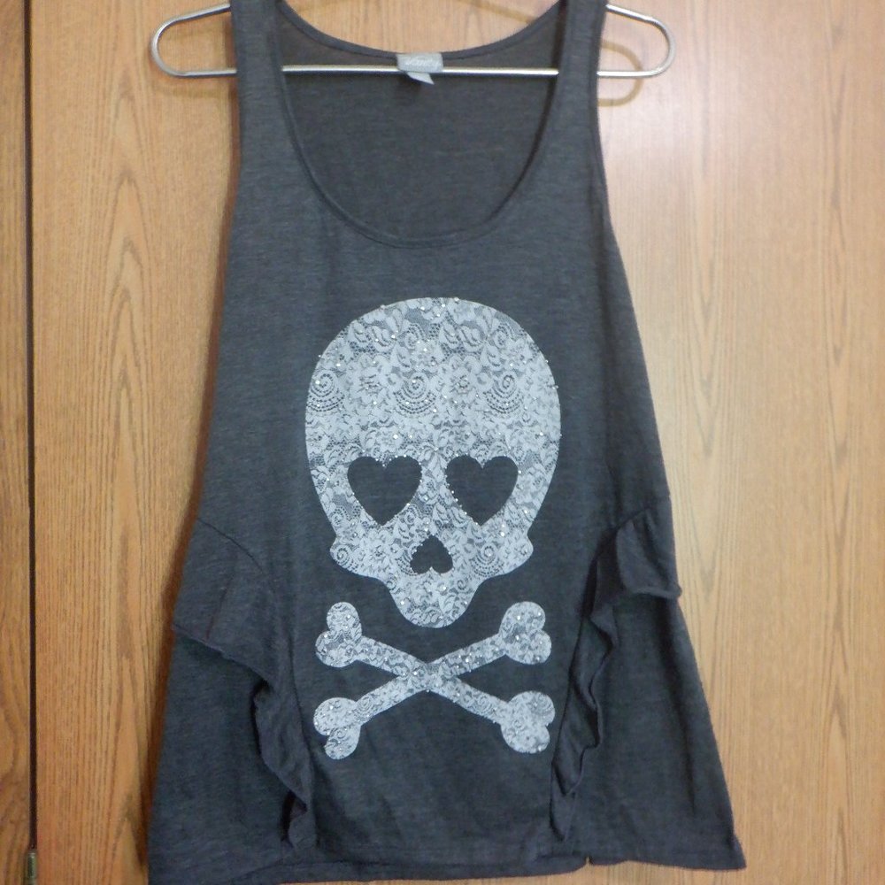 Dark Gray Vanity Skull & Crossbones Heart Eyes Tank Top Ruffles Sparkly Size M